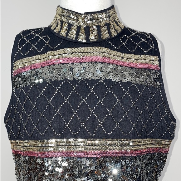 Suzy Sheer Black and Gold Embellished Sequin Cocktail Dress Size Small - Picture 2 of 10